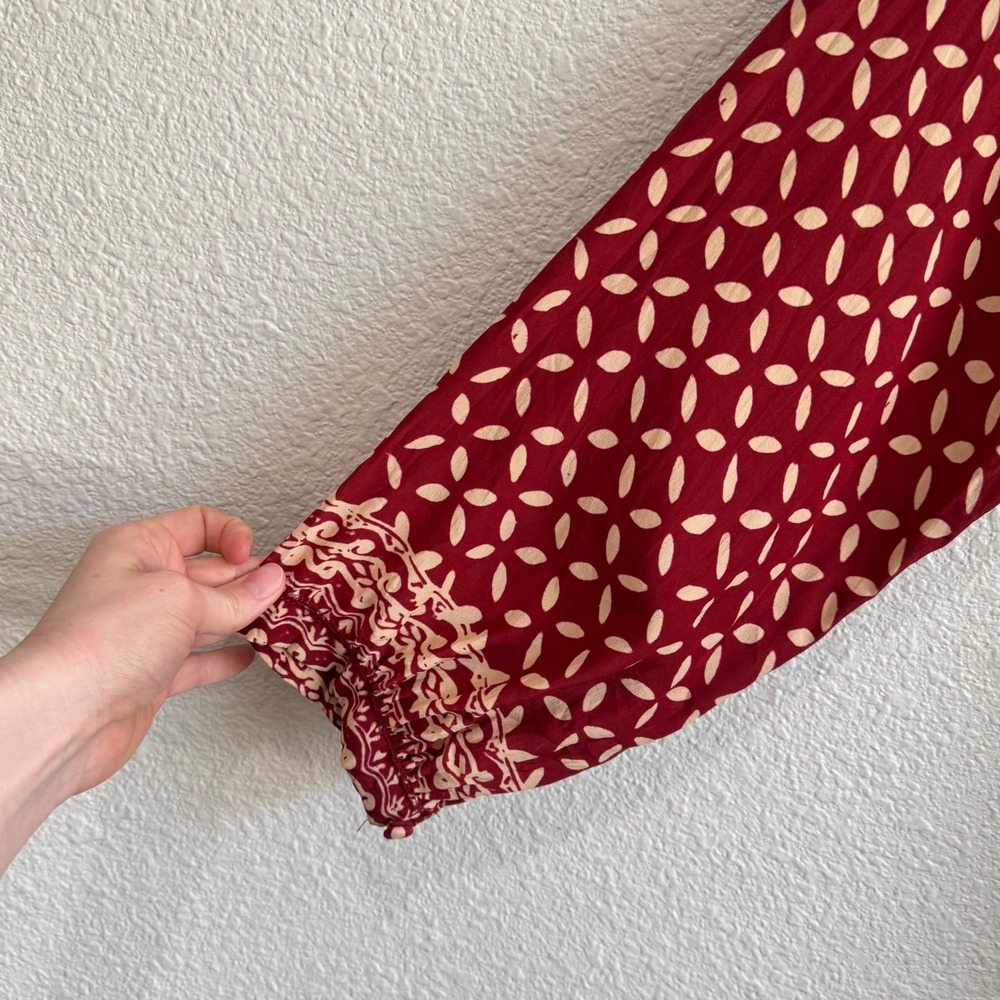 Natalie Martin Silk Burgundy Batik Print Long Sleeve Tunic Boho Dress S Resort - Picture 7 of 9